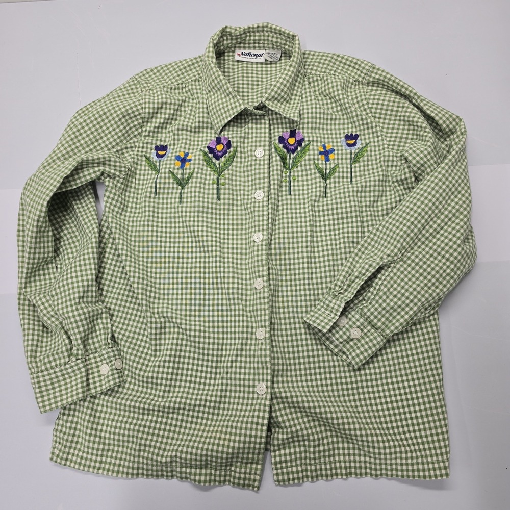 National Green Gingham Floral Embroidered Button Down‎ Shirt Womens Large L